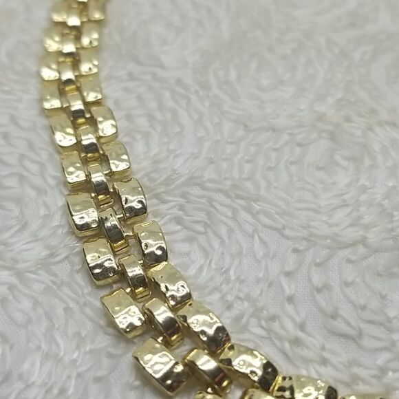 Gold Tone Necklace Rectangle Three Rows Link Necklace - Picture 4 of 9